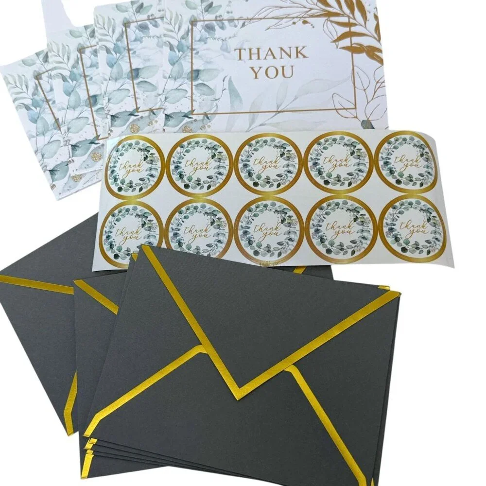 Thank you Cards Set of 10 Green Leaf Design w/ Stickers and Envelopes 3.75x5